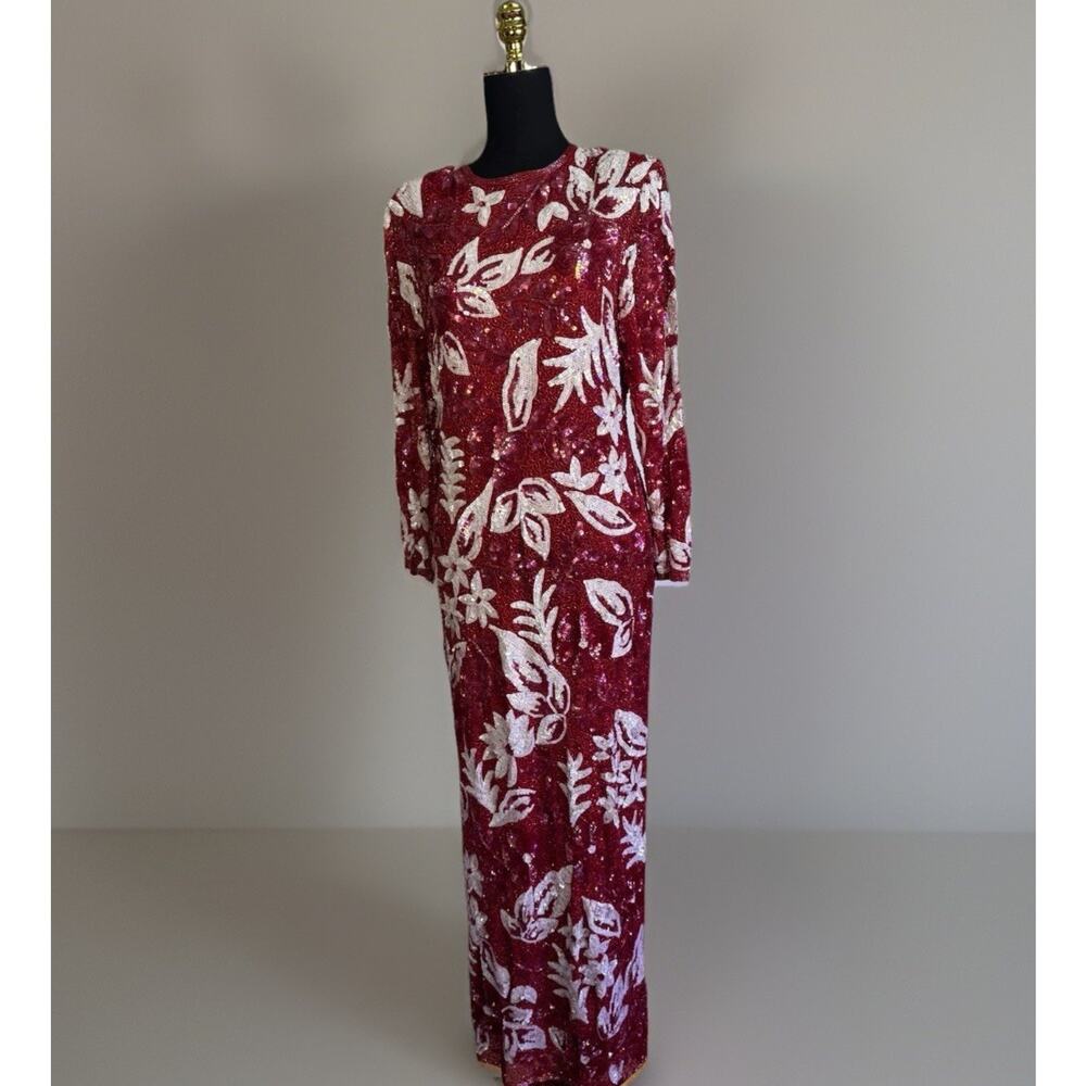 Vintage Red Silk Beaded Gown | Full Length Glam | 80s 90s | Drag | Prom | LOOK